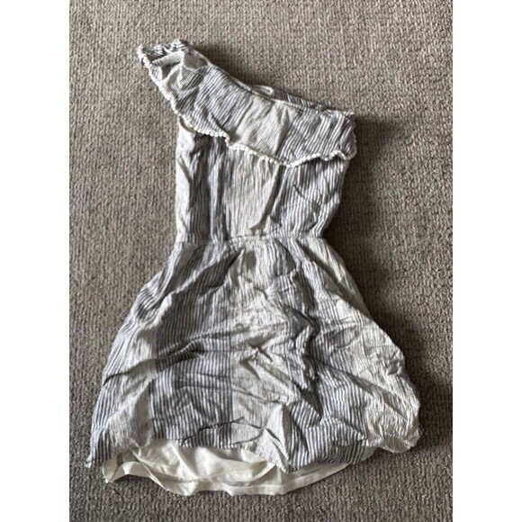 American Eagle Small One Shoulder Ruffle Dress Mini Striped Chambray Blue White - Picture 5 of 5